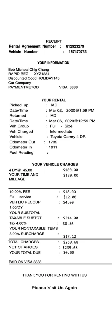 Car Rental Receipt