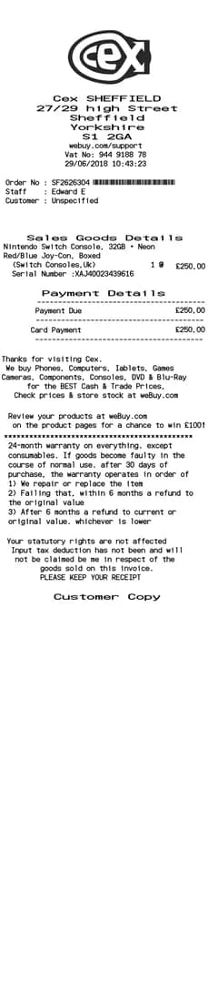 CeX UK Retail Phone Games Receipt