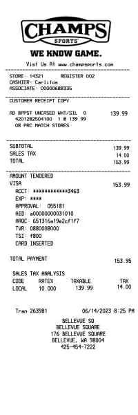 Champs Sports Receipt