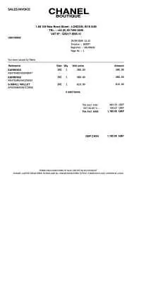 Chanel Boutique Invoice Receipt