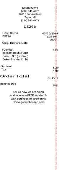 Checkers Rallys Fast Food Receipt