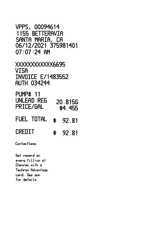 Chevron Gas Receipt