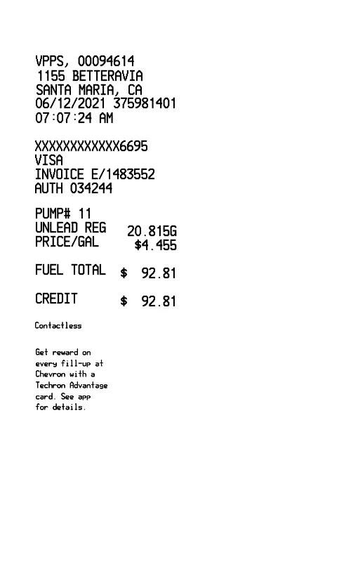 Chevron Gas Receipt