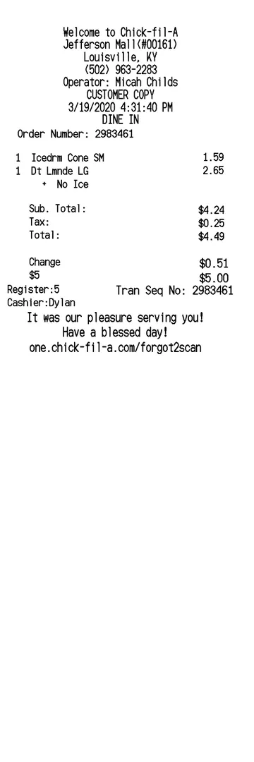 Chick Fil a Receipt