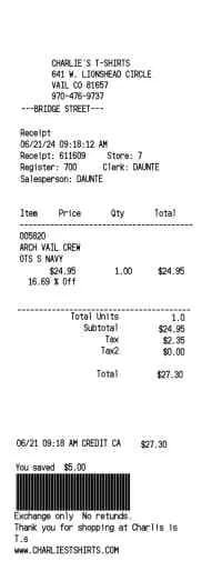 Clothing Store Receipt