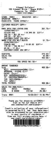 Coach Outlet Store Receipt