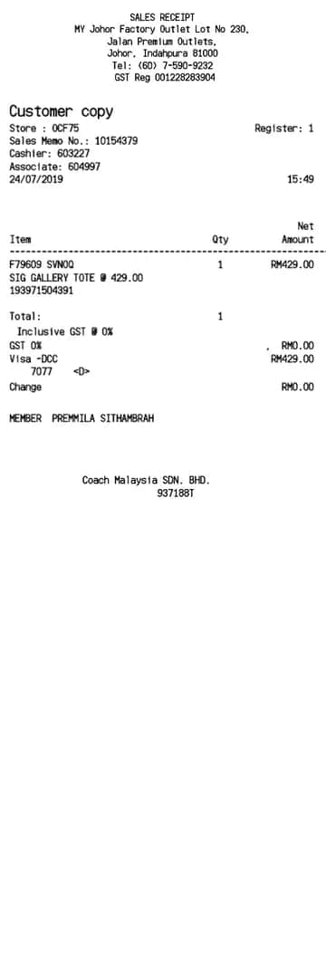 Coach Receipt