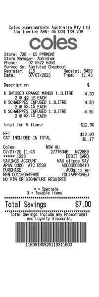 Coles Supermarket Receipt
