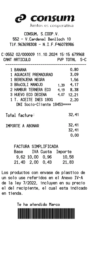 Consum Supermarket Receipt