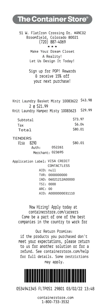 Container Store Receipt