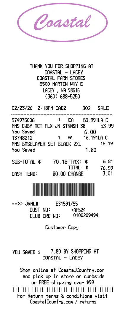 Costal Farm Home Receipt