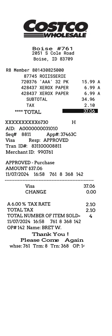 Costco 2 Receipt
