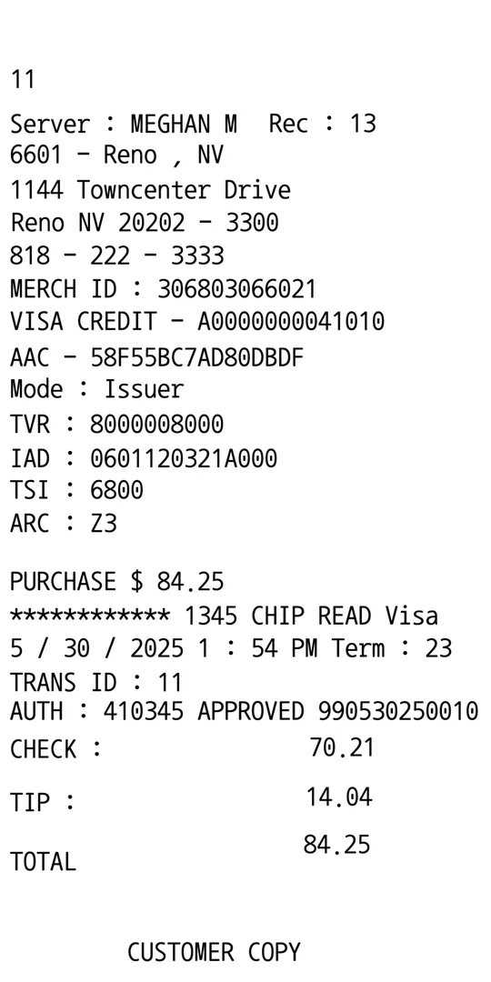 Credit Card Merchant Receipt