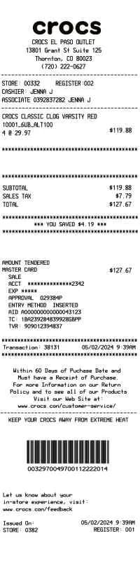 Crocs Receipt