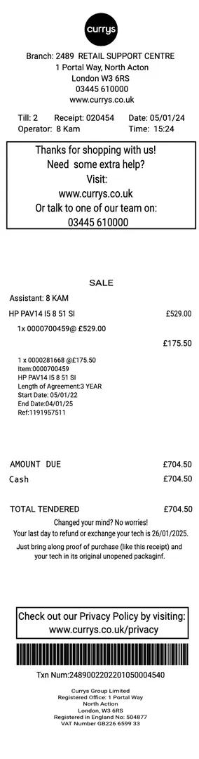 Currys UK Receipt
