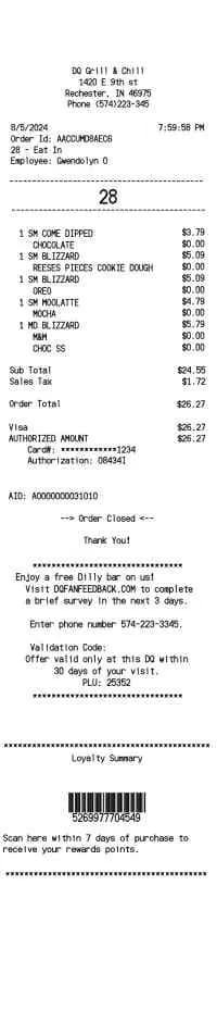 Dairy Queen Receipt