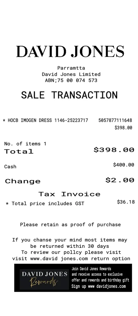 David Jone Receipt