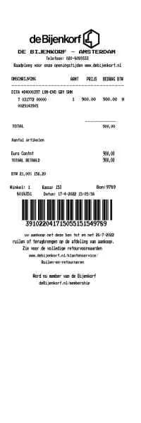 De Bijenkorf Receipt