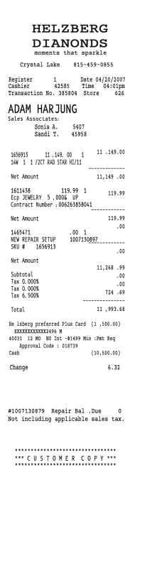 Diamond Ring Jewelry Receipt