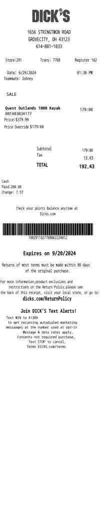 Dicks Sport Good Receipt