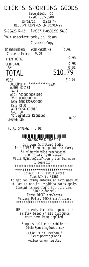 Dicks Sporting Good Receipt