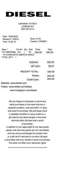Diesel Brand Clothing Receipt