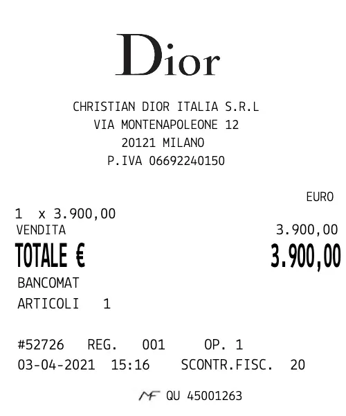 Dior Milano Receipt