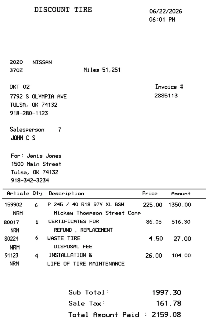 Discount Tire Receipt