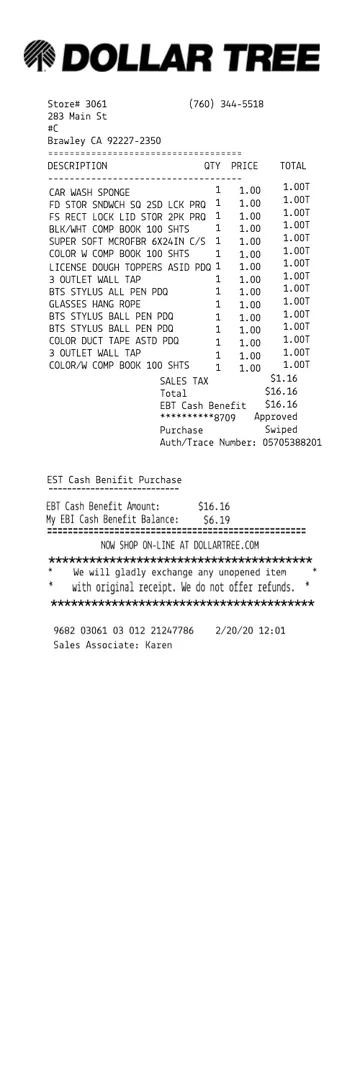 Dollar Tree Receipt