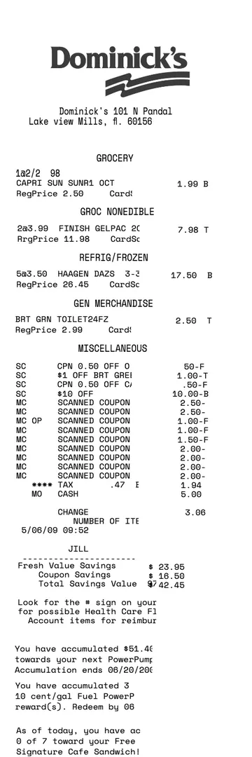 Dominicks Grocery Receipt