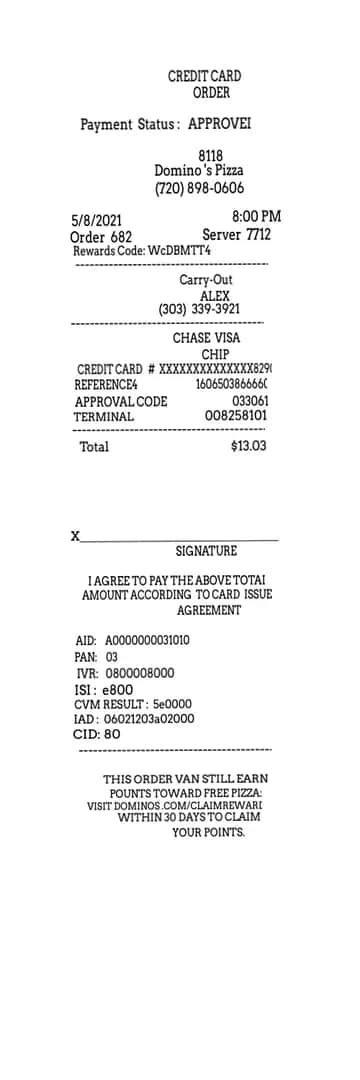 Dominos Pizza Receipt