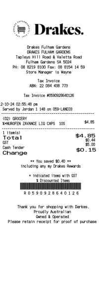 Drakes Grocery Receipt
