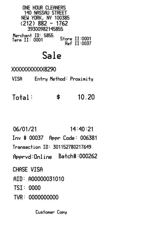Dry Cleaner Receipt