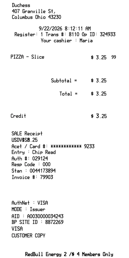 Duchess Receipt Sample