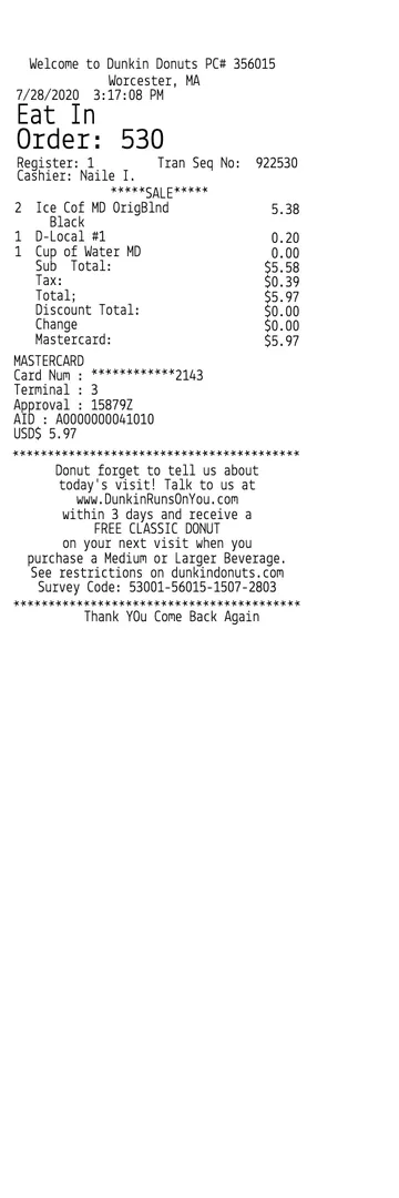 Dunkin Donuts Receipt