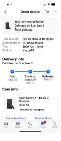 eBay Receipt Delivered