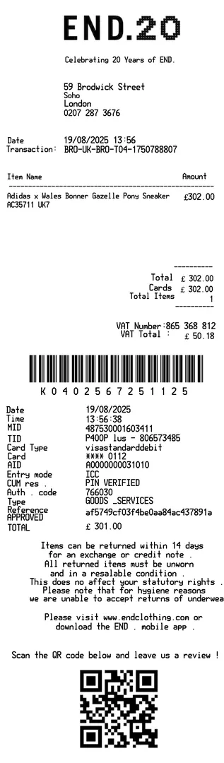 End Clothing Receipt Sample