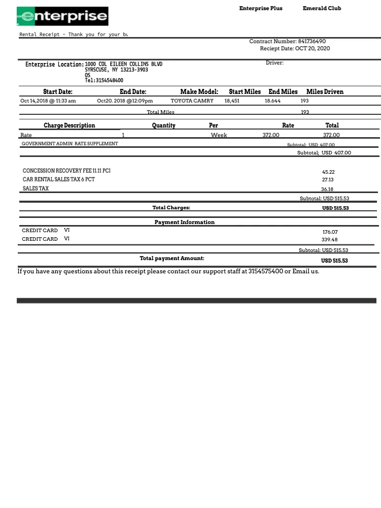 Enterprise Rental Car Receipt