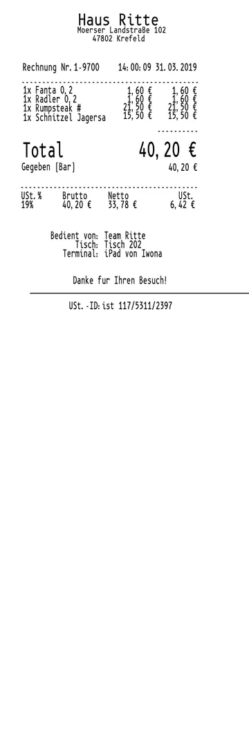 Euro Restaurant Receipt