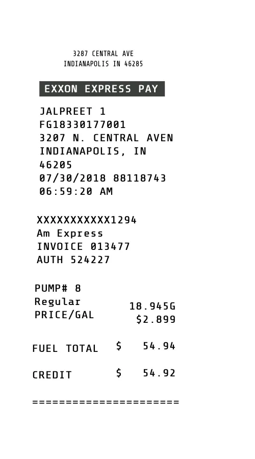 Exxon Fuel Receipt