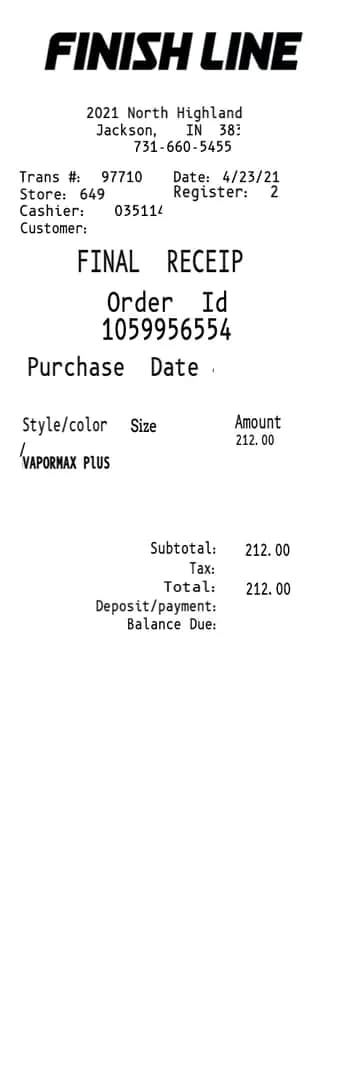 Finish Line Receipt