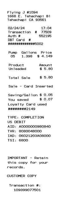 Flying J Gas Receipt