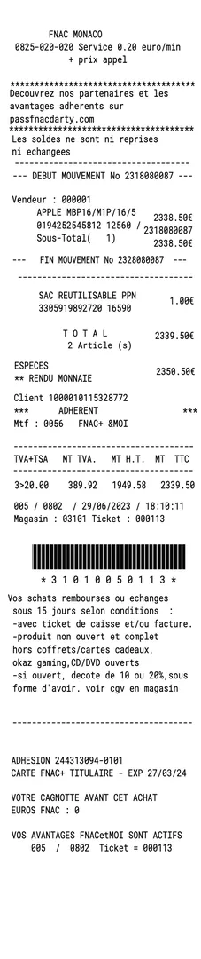 Fnac Receipt