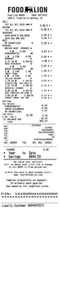 Food Lion Receipt