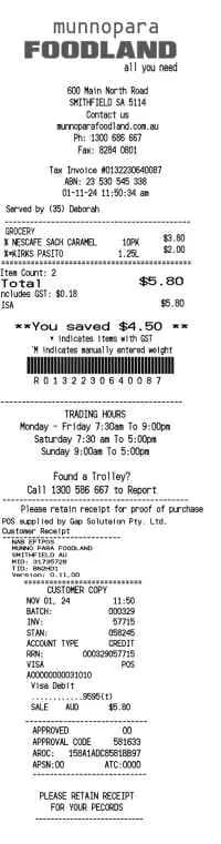 Foodland Receipt Australia