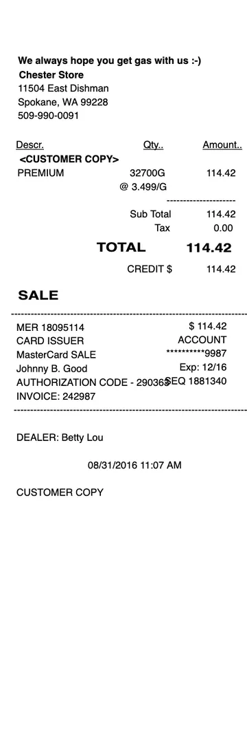 Fuel Gas Receipt
