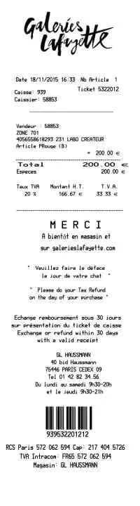 Galeries Lafayette Receipt