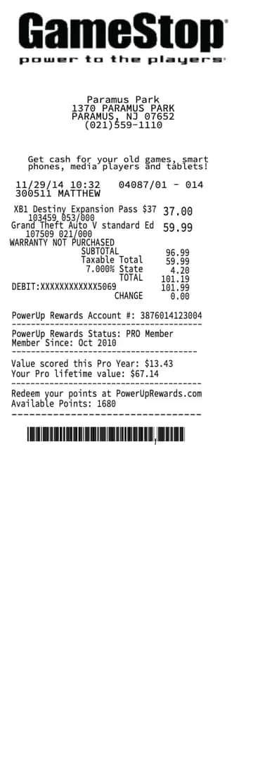GameStop Receipt