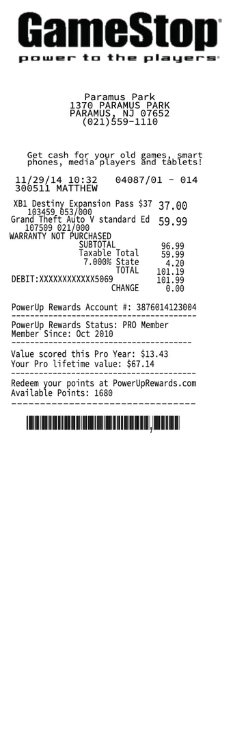 GameStop Receipt