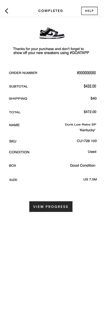 GOAT Sneaker Receipt